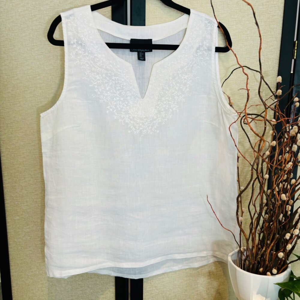 Cynthia Rowley White 100% Linen Sleeveless Shirt